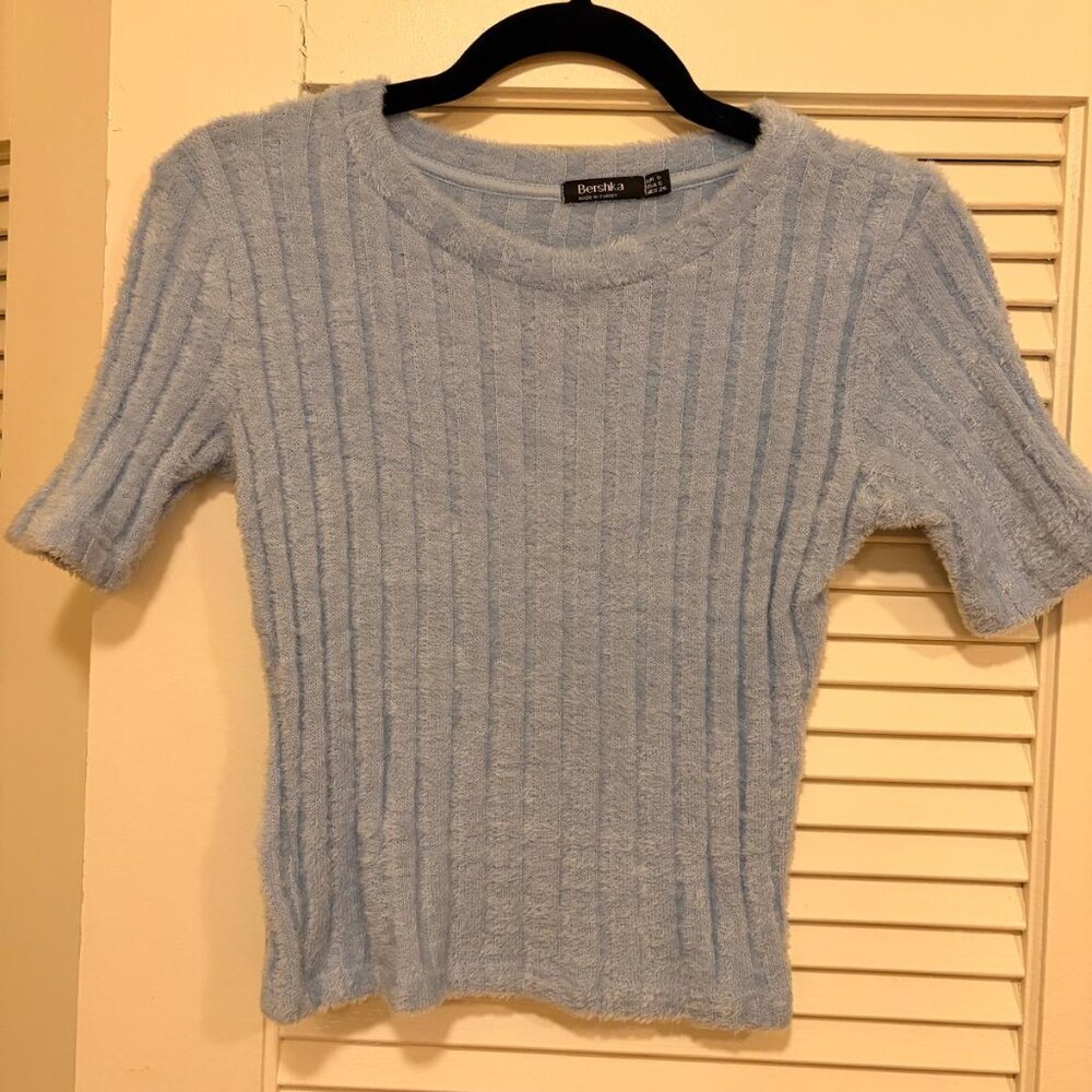 Bershka Light Blue Ribbed Knit Short Sleeve Sweater Top – Soft & Fitted